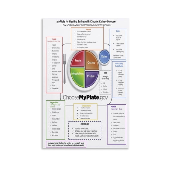 Healthy Food Plate Poster MyPlate for Healthy Eating With Chronic Kidney Disease Poster Poster For Bedroom Living Room Bathroom Kitchen Office Decor