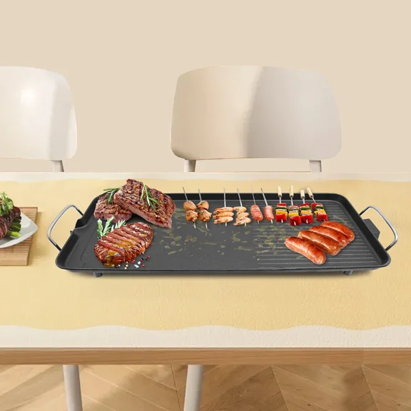 Healthy Grill with Oil-Draining Spout & Adjustable Bracket  2 Anti-Scald Handles, 4 Non-Slip Feet, 110V US Plug  for Picnics, Camping & Parties