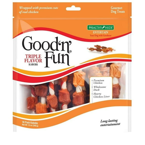 Good 'n' Fun Triple Flavor Kabobs Dog Chew - Chicken, Duck, Liver - 18 Pack, Pack of 12