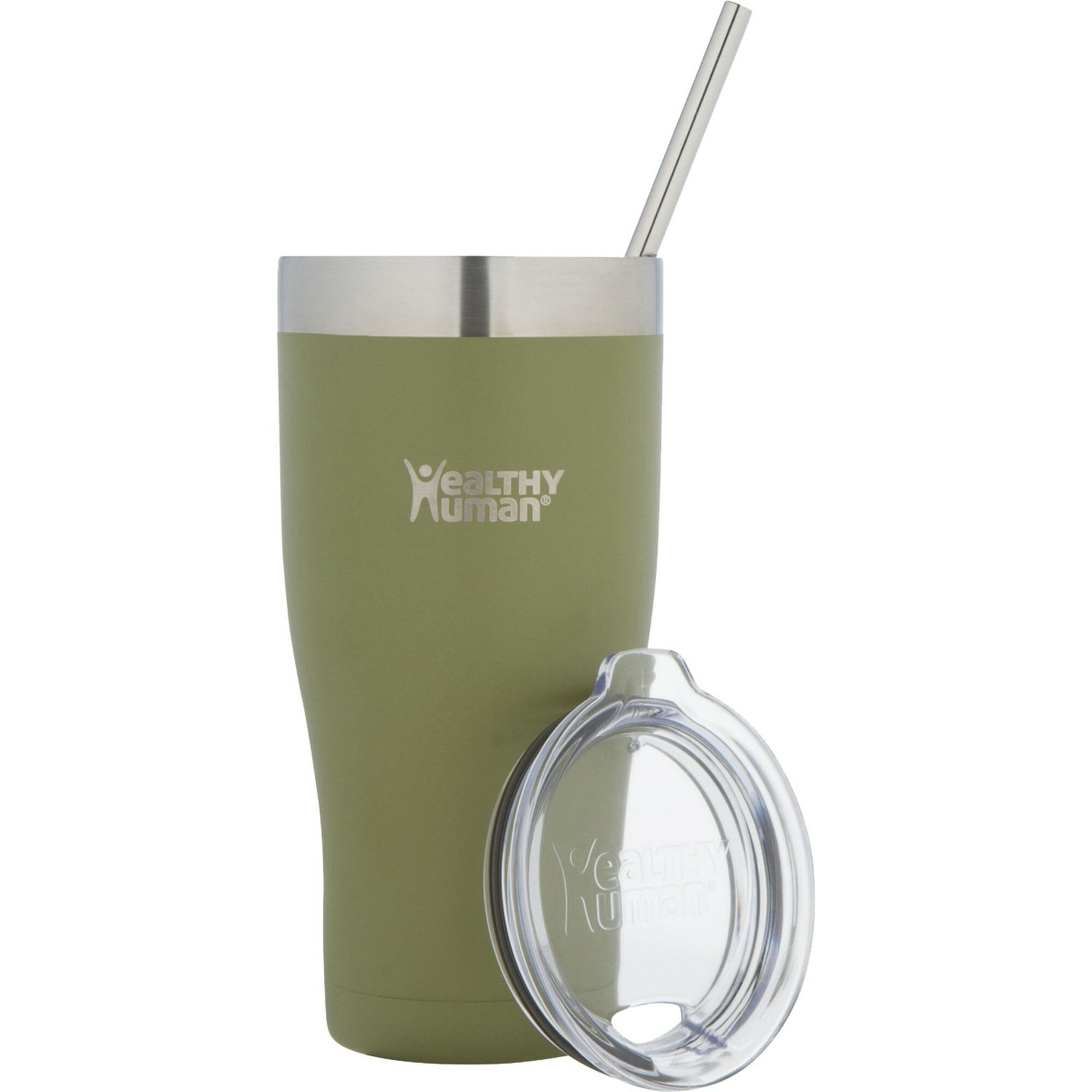 Healthy Human Stainless Steel Tumbler with Straw & Lid | Splash Proof Insulated Travel Cup | Eco-Friendly Coffee Tumblers | Straw Cleaner and Splash Proof Lids (32oz, Olive)