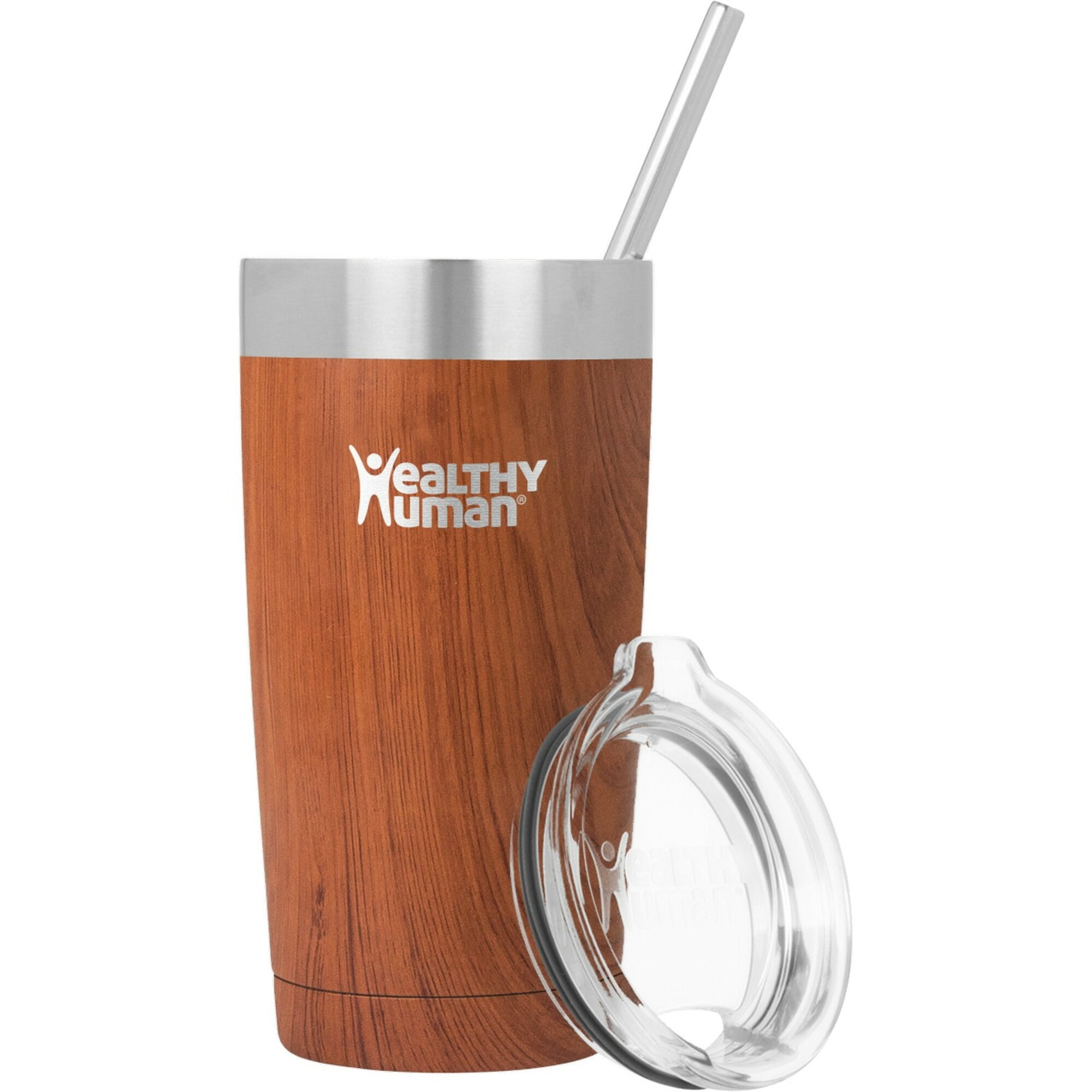 Healthy Human Stainless Steel Tumbler with Straw & Lid | Splash Proof Insulated Travel Cup | Eco-Friendly Coffee Tumblers | Water Cups with Straws Cleaner and Splash Proof Lids (20oz, Natural Wood)