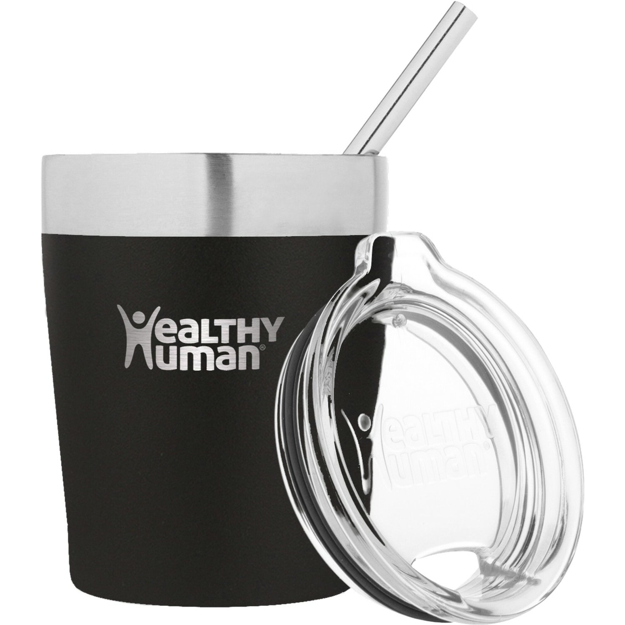 Healthy Human Stainless Steel Tumbler with Straw | Splash Proof Insulated Travel Cruiser Cup | Eco-Friendly Coffee Tumblers with Straws Cleaner & Splash Proof Lid (12oz, Pure Black)
