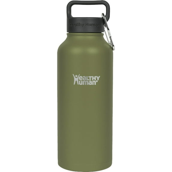 Healthy Human Stainless Steel Water Bottle | Double Walled Vacuum Insulated Water Thermos for Adults | Eco-Friendly Travel Bottles with Leak Proof Lid (Olive, 32 oz/ 946 ML)