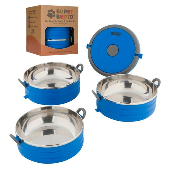 Healthy Human Travel Dog Bowls | Stainless Steel Go Pet Bento Bowl | Stackable Cat & Dog Food Bowls | Leak Proof | Set of 3 Interlocking Bowls, 2 Spare Clips, 1 Spare Handle (Blue)