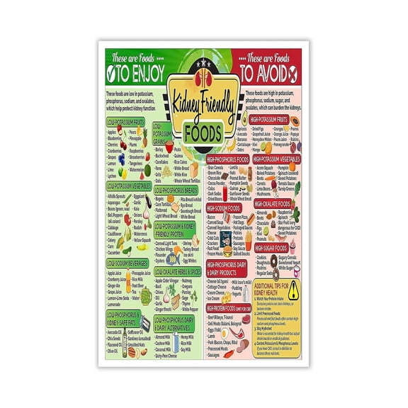 Healthy Kidney Food List Poster Low Phosphorus and Potassium Chart for Renal Diet Management Nutrition Reference Guide for Kitchen or Office Decor