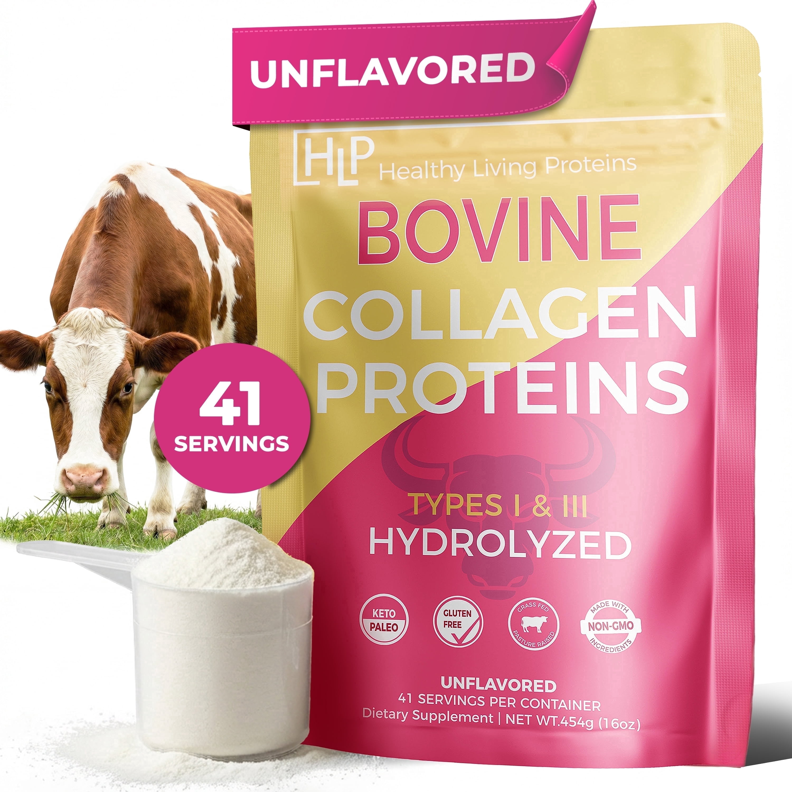 Healthy Living Proteins Grass Fed Hydrolyzed Collagen Peptides Powder Type I & III – 10g Protein, Unflavored, Non-GMO, Keto Paleo Gluten Free, Hair Skin Nails Joints, 1 lb