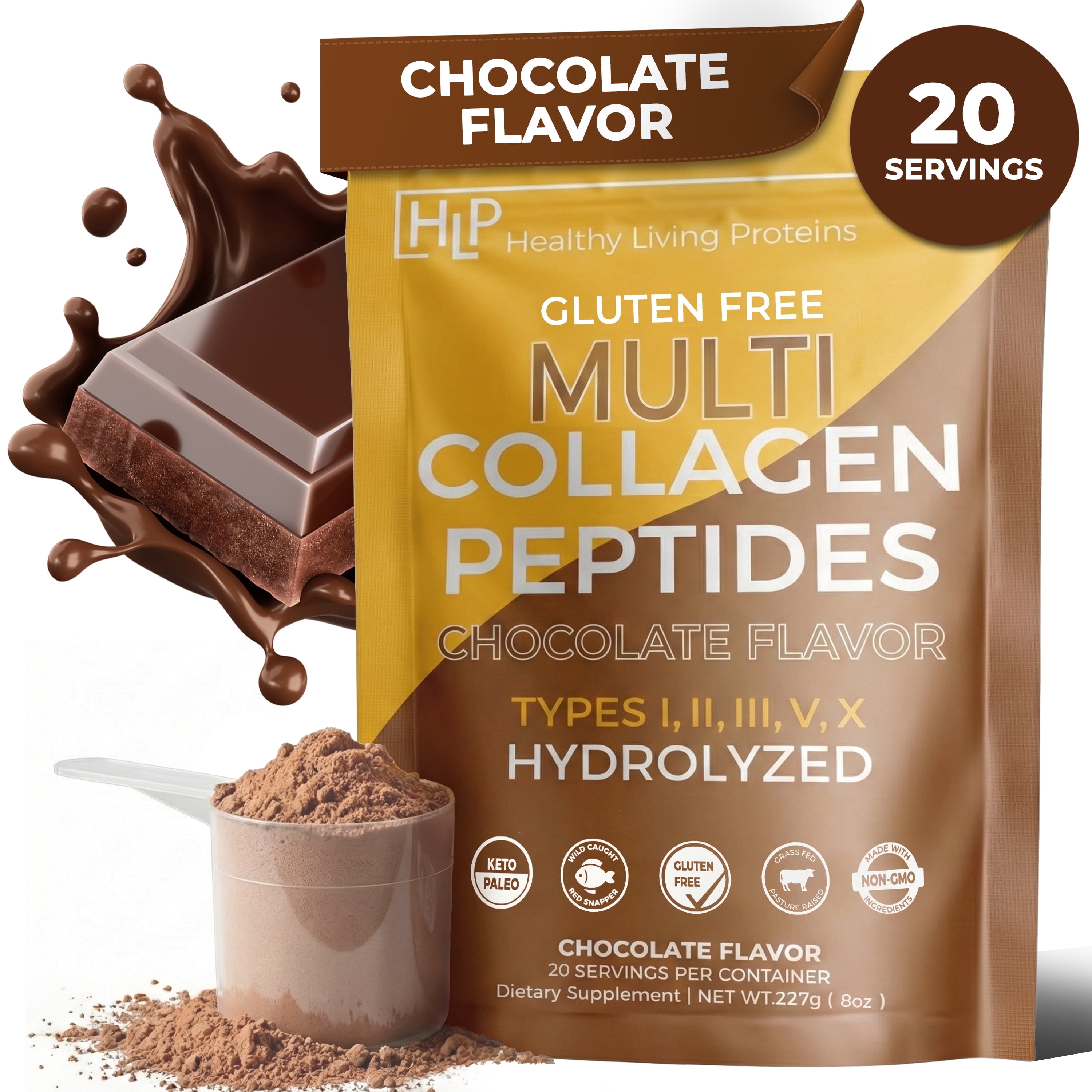 Healthy Living Proteins | Multi Hydrolyzed Collagen Peptides Type I, II, III, V, & X | Grass Fed Bovine, Wild Caught Marine, Free Range Chicken | Gluten Free (Chocolate, 8 oz)
