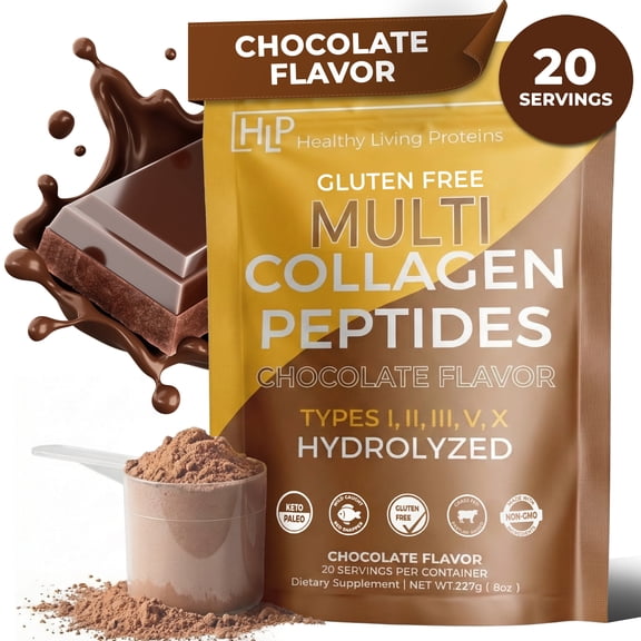 Healthy Living Proteins | Multi Hydrolyzed Collagen Peptides Type I, II, III, V, & X | Grass Fed Bovine, Wild Caught Marine, Free Range Chicken | Gluten Free (Chocolate, 8 oz)