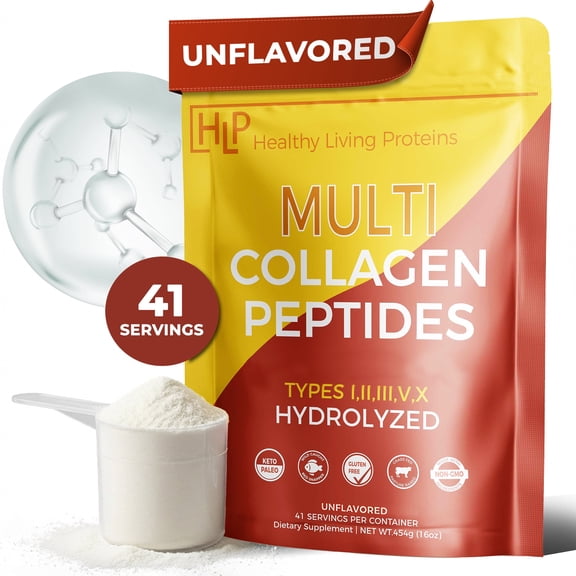 Healthy Living Proteins Hydrolyzed Multi Collagen Peptides Powder with Probiotics, Grass-Fed Unflavored Collagen Protein (Types I, II, III, V, X), Supports Skin, Hair, Nails & Joints, 41 Servings