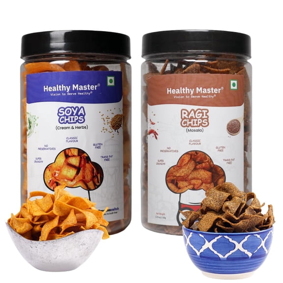 Healthy Master Soya Chips and Ragi Chips Pack of 2 (5.29 Ounces) Each - Indian Gluten-Free Savory Vegan Snacks for Adults & Kids Low Fat Crunchy Snacks High Protein & Fibre rich