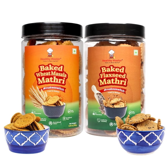 Healthy Master Wheat Mathri & Flax Seed Mathri Pack of 2 (8.8 oz Each) - Indian Tea-Time Crackers | Plant-Based, Low Fat Healthy Snacks for Adults | High Protein, Crunchy, Ready to Eat