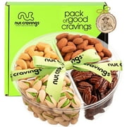 Nut Cravings Healthy Nut Gift Basket Platter, Green Ribbon, 4-Section Kosher Snack Tray