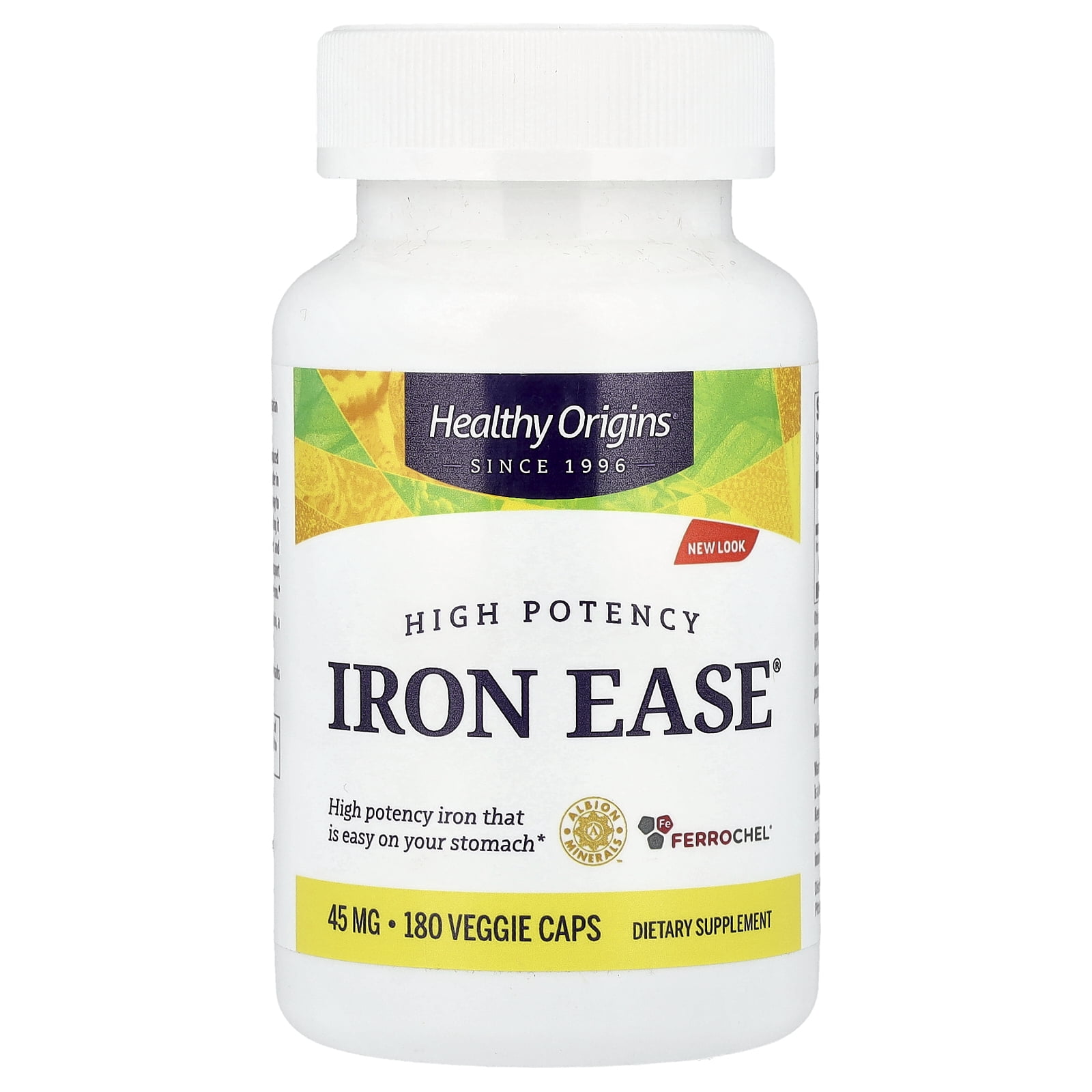 Healthy Origins Iron Ease 45 mg (Featuring Albion Ferrochel, Non-GMO, High Potency, Ferrous Bisglycinate Chelate), 180 Veggie Caps