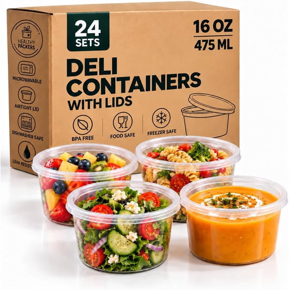 Healthy Packers 16 oz Deli Containers with Lids, 24 Pack, Leakproof BPA Free Food Storage Cups