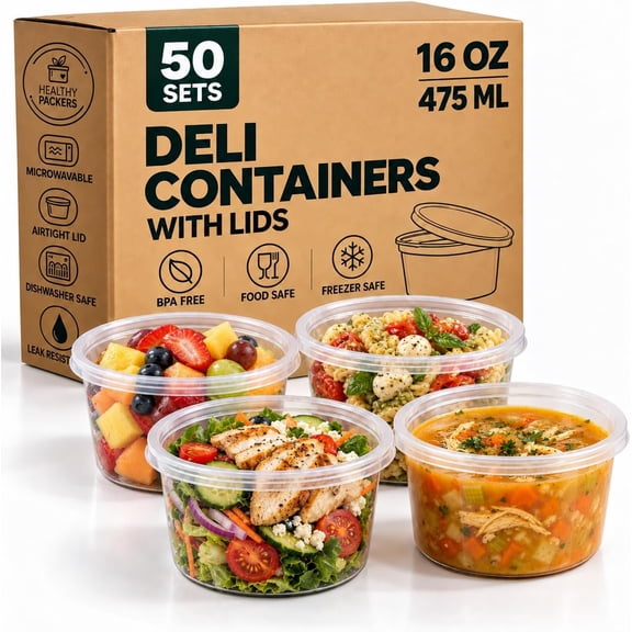 Healthy Packers 16 oz Deli Containers with Lids, 50 Pack, Leakproof BPA Free Food Storage