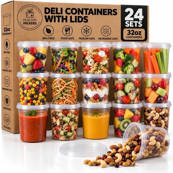 Healthy Packers 32 oz Deli Containers with Lids, 24 Pack, Leakproof BPA Free Food Storage