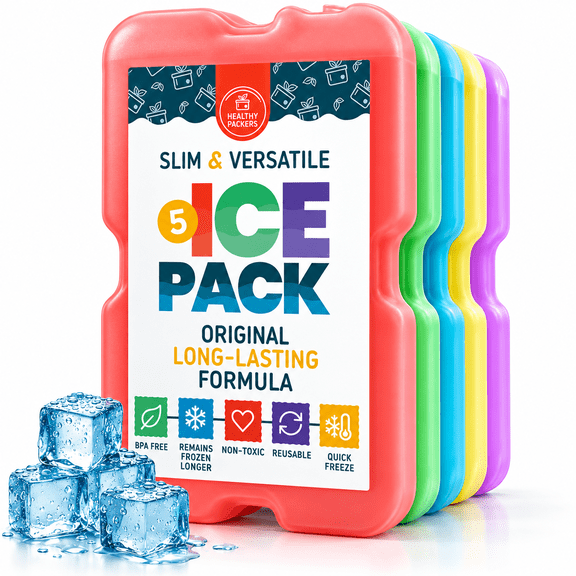 Healthy Packers Ice Pack for Lunch Box - Freezer Packs - Original Cool Pack | Slim & Long-Lasting Ice Packs for Your Lunch or Cooler Bag (5 Pack-MultiColor)