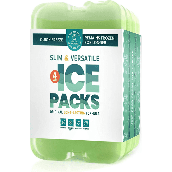 Healthy Packers Slim Gel Ice Packs for Lunch Bag or Cooler, Green, 4-Pack