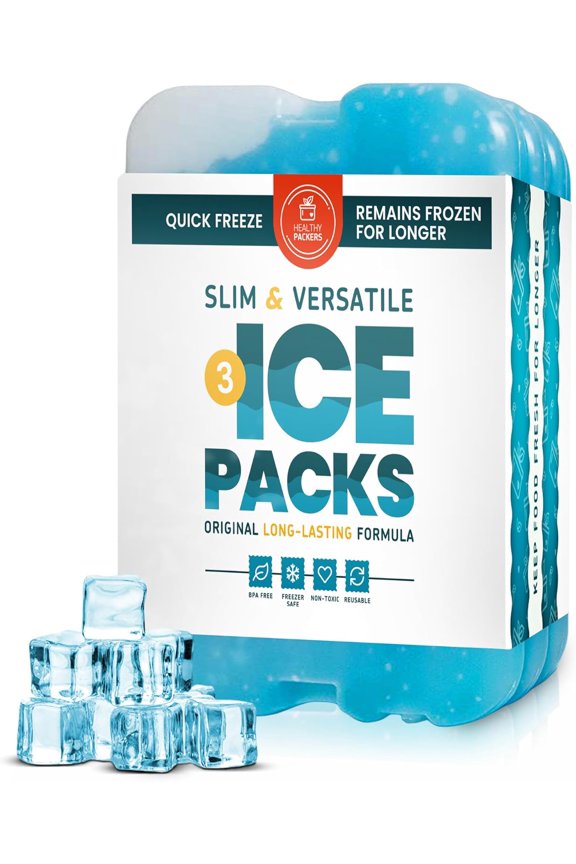 Slim Ice Packs for Lunch Bags or Coolers (3 Pack, Blue)