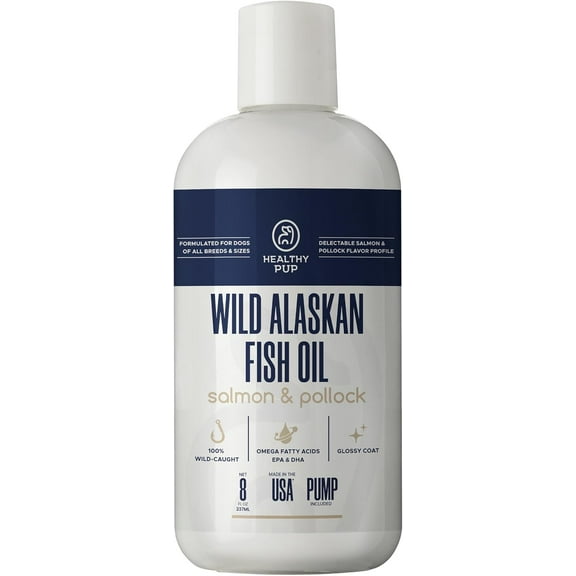 Healthy Pup Wild Alaskan Salmon Oil Formula for Dogs and Cats Omega 3 Fish Oil, Skin and Coat Supplement 8oz.