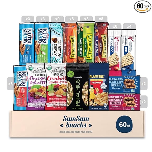Healthy Snack Variety Pack, 60 Count Mixed Nuts & Bars Care Package Gift Box for Adults, Teens, Kids, College Students, Office & School