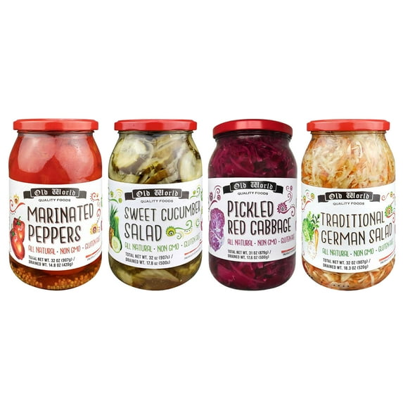 Healthy Vege Lovers Set- Includes Four 32 Oz Jars of Marinated Peppers, Sweet Cucumber Salad, Red Cabbage, and German Salad