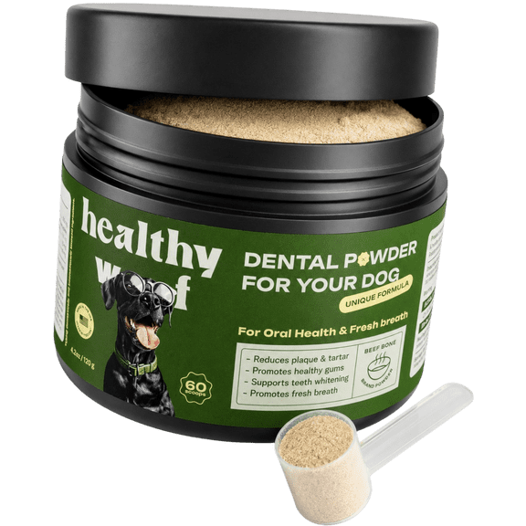 Healthy Woof Dog Dental Powder, Teeth Cleaning & Tartar Remover, 60 Scoops