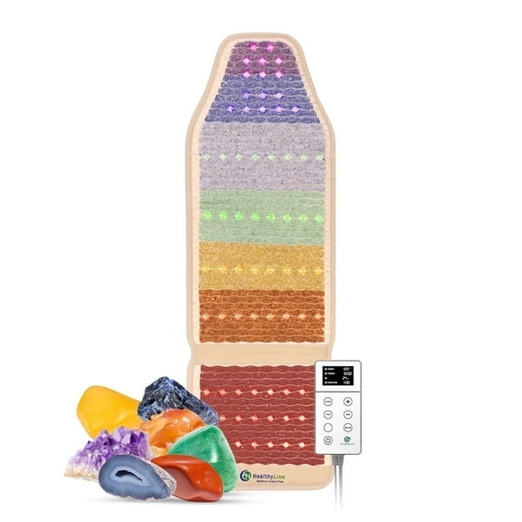 HealthyLine Rainbow Heated Chair Pad 5718 - Far Infrared Heating Pad - PEMF Mat with 7 Natural Healing Stones for Chakra, Reiki Balance - Biomat 57 x 18