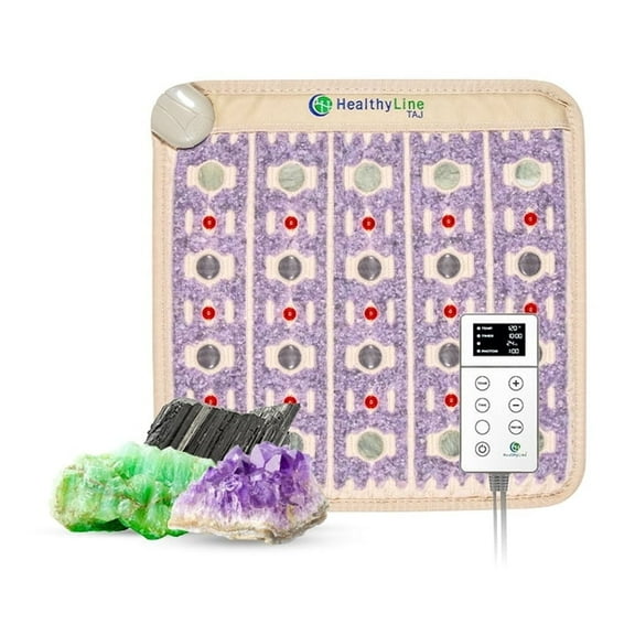 HealthyLine TAJ 2020 Far Infrared Heating Pad with Real Gemstones, PEMF Mat with Amethyst, Jade, Tourmaline, Adjustable Temperature Control for Natural Pain Relief 20 x 20