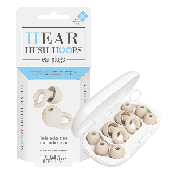 Hear Hush Hoops Reusable Soft Silicone Ear Plugs, 17dB Noise Reduction Rating, Case Included, Cream