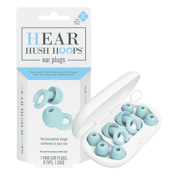 Hear Hush Hoops Reusable Soft Silicone Ear Plugs, 17dB Noise Reduction Rating, Case Included, Teal