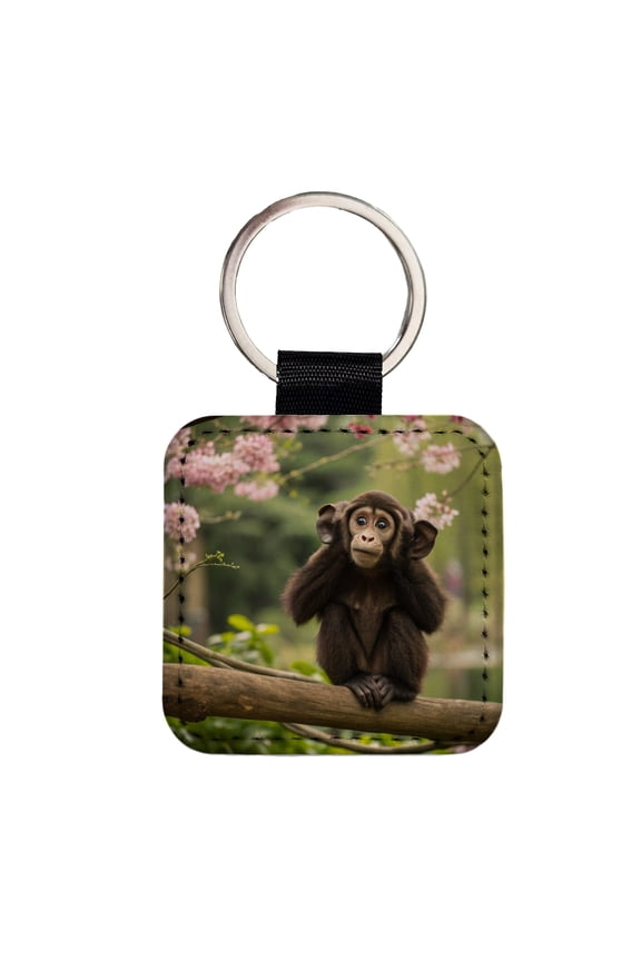 Hear No Evil Cute Monkey Faux Leather Square Keychain