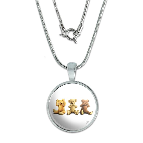 Hear Speak See No Evil Stuffed Plush Teddy Bears 0.75" Pendant with Sterling Silver Plated Chain