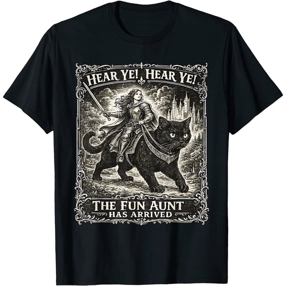 Cat Riding Food Hear Ye Fun Aunt Has Arrived Knight Riding Black Cat Kitten T-Shirt ...