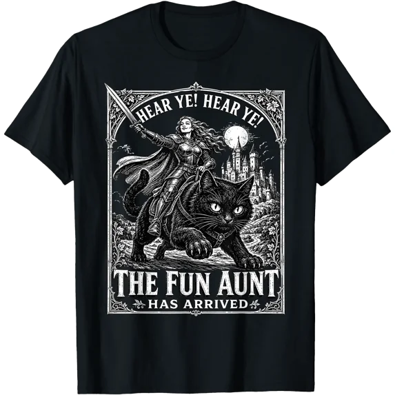 Hear Ye Hear Ye Fun Aunt Medieval Knight Riding Black Cat T-Shirt ...