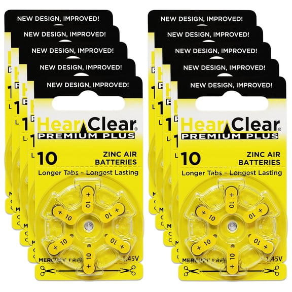 HearClear Size 10 Zinc-AIr 1.45V Hearing Aid Batteries (60 Pack)