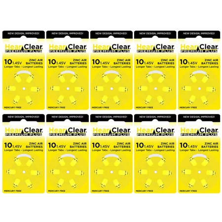 HearClear Size 10 Zinc-AIr 1.45V Hearing Aid Batteries (60 Pack)