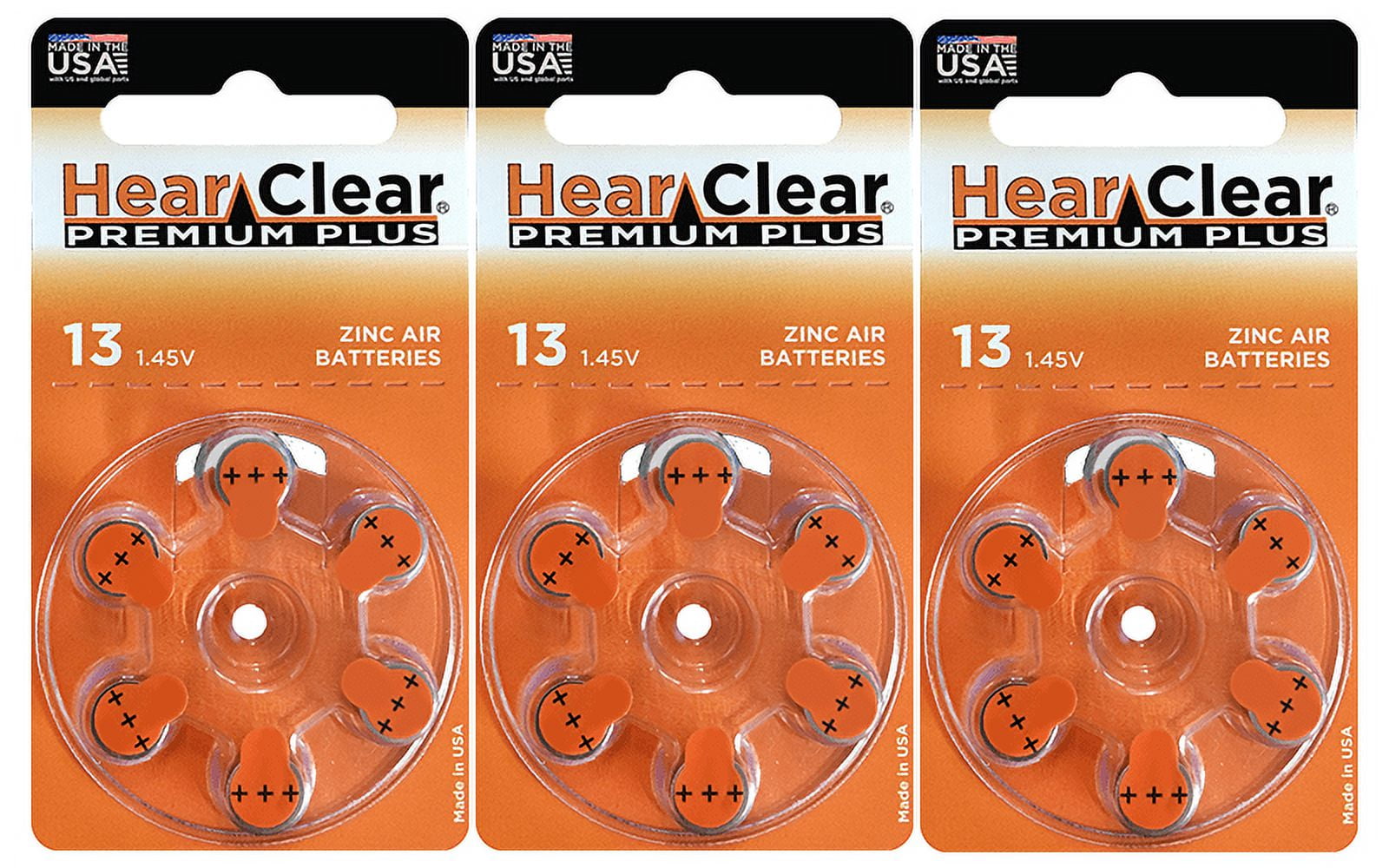 HearClear Size 13 Zinc Air 1.45V Hearing Aid Batteries Orange Tab (18