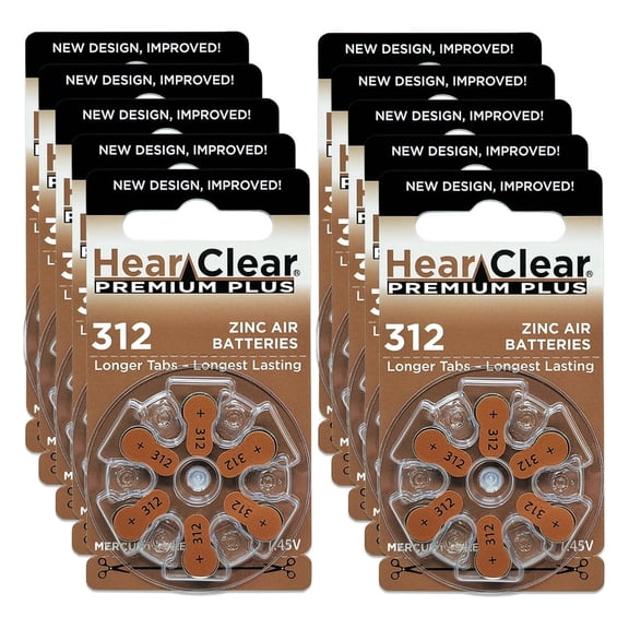 HearClear Size 312 1.45V Zinc Air 1.45V Hearing Aid Batteries (60 Pack)