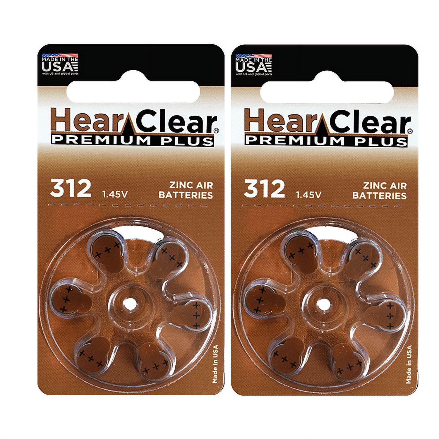 HearClear Size 312 Zinc Air 1.45V Hearing Aid Batteries Brown Tab (12