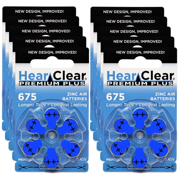 HearClear Size 675 Zinc Air 1.45V Hearing Aid Batteries (60 Pack)