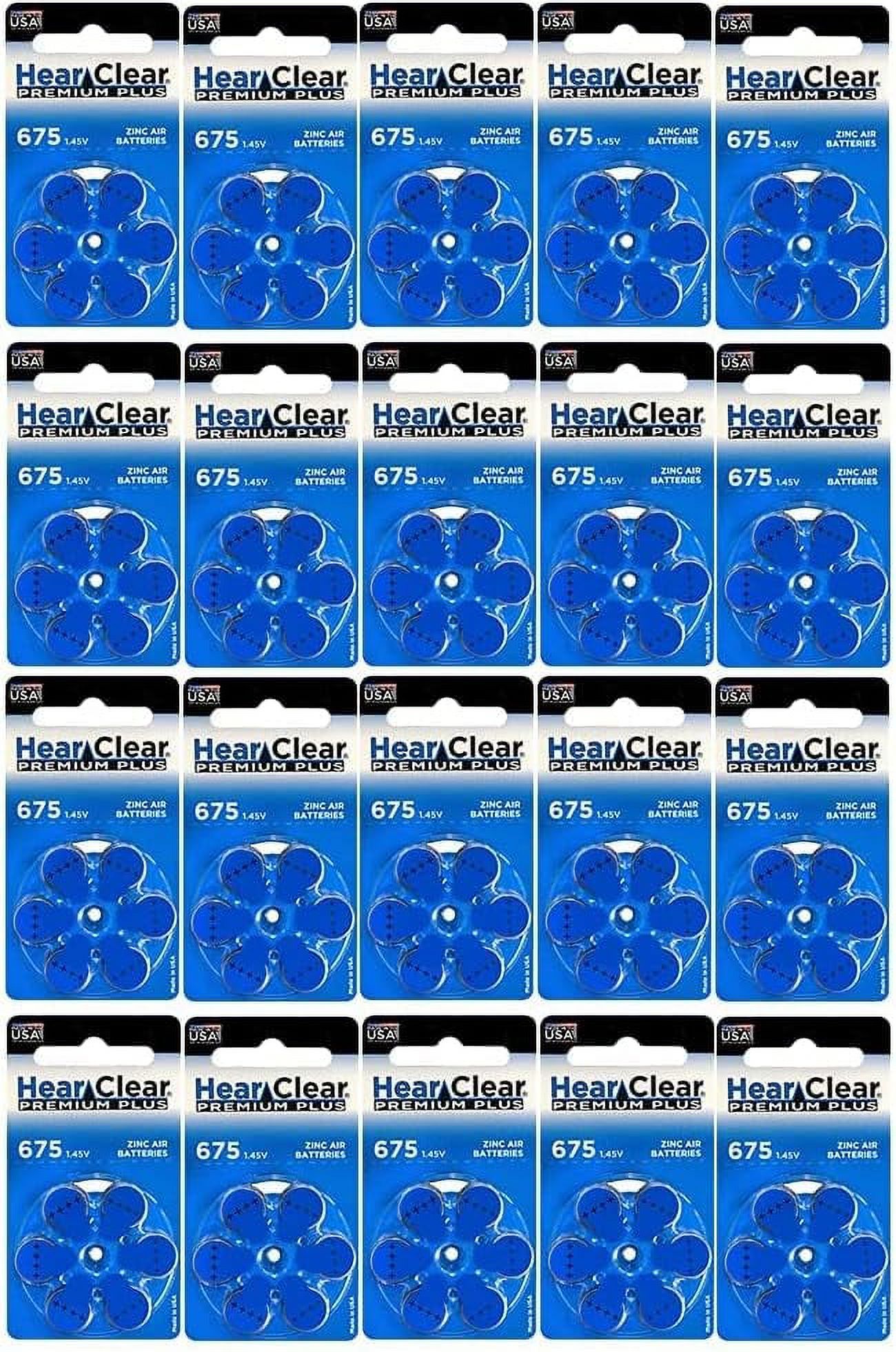 HearClear Size 675 Zinc Air 1.45V Hearing Aid Batteries Blue Tab (120