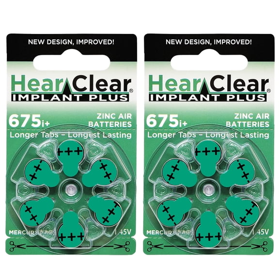 HearClear Size 675P Cochlear Implant Zinc Air 1.45V Hearing Aid Batteries Green Tab (12 Pack)