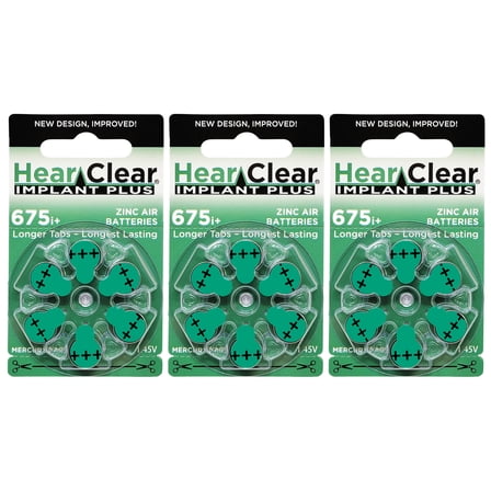 HearClear Size 675P Cochlear Implant Zinc Air 1.45V Hearing Aid Batteries Green Tab (18 Pack)