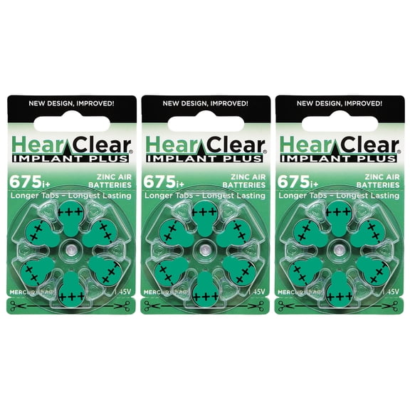 HearClear Size 675P Cochlear Implant Zinc Air 1.45V Hearing Aid Batteries Green Tab (18 Pack)