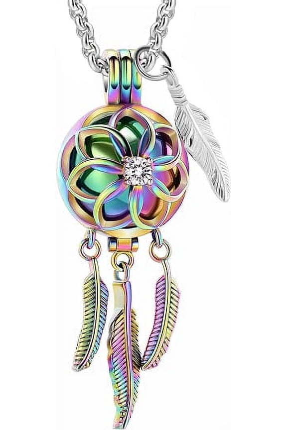 Dream Catcher Urn Necklace Feather & Angel Wing, 316L Stainless Steel, 20" Chain (Unisex)