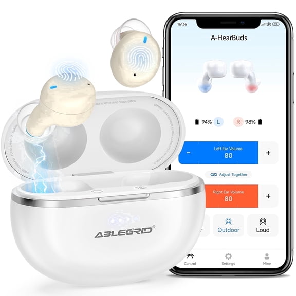 Hearing Aids for Seniors and Adults Rechargeable, ABLEGRID OTC Hearing Aids, In-Ear Touch Control Nano Hearing Aids with Noise Cancelling, App-Enhanced Gain, White