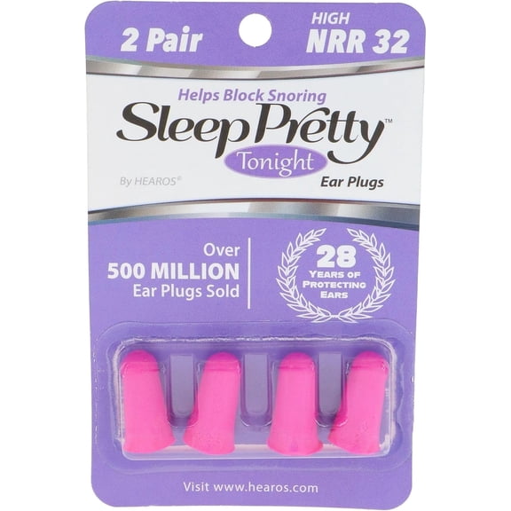 HEAROS Sleep Pretty in Pink Foam Ear Plugs, Noise Reducing Ear Plugs for Restful Sleep, 2 pairs