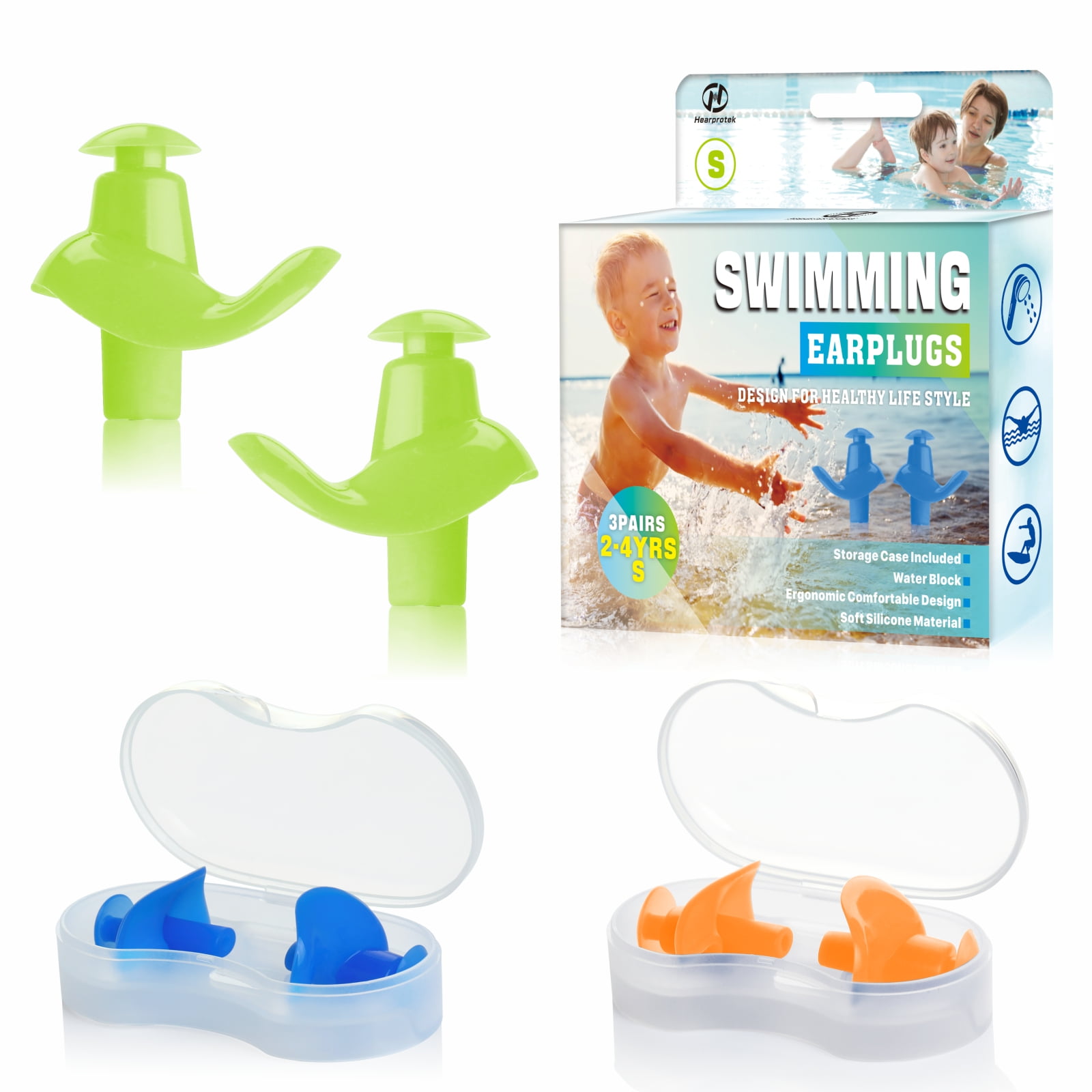 Hearprotek Swimming Earplugs for Kids 24 Years Old, 3 Pairs, with