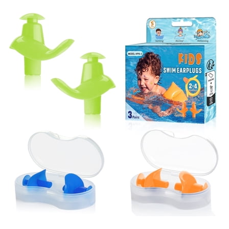 Swimming Earplugs , 3 Pairs, Silicone Comfortable Earbuds with Storage Case for Adults, Children Prevent Swimmer`s Ear(Blue/Green/Orange-S)